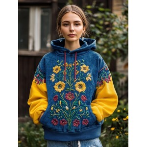 Vintage Ukrainian Folk Floral Embroidered Contrast Color Washed Hoodie