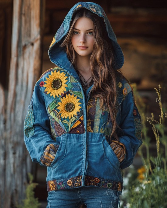 Ukrainian Ethnic Style Sunflower Embroidery Patchwork Zip-up Hoodie