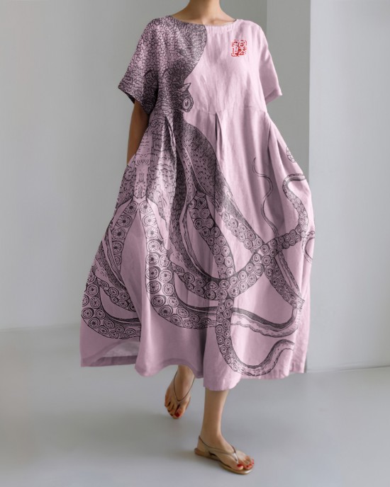 Japanese Art Octopus And Crab Print Casual Art Linen Blend Maxi Dress Japanese Art Octopus And Crab Print Casual Art Linen Blend Maxi Dress