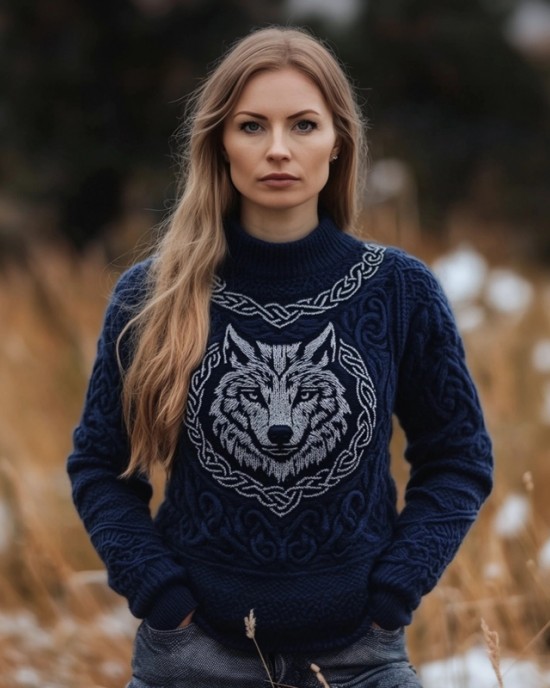 Viking Wolf Inspired Celtic Jacquard Cozy Chunky Sweater Viking Wolf Inspired Celtic Jacquard Cozy Chunky Sweater