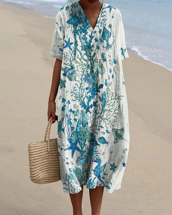 Women's Holiday Series Starfish And Seaweed Pattern Pattern Casual Flowy Midi Dress Women's Holiday Series Starfish And Seaweed Pattern Pattern Casual Flowy Midi Dress