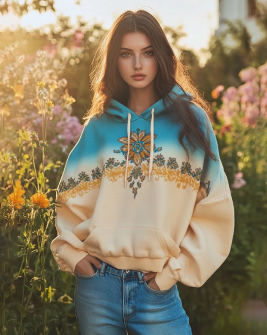 Ukrainian Folk Sunflower Embroidered Gradient Art Pattern Hoodie Ukrainian Folk Sunflower Embroidered Gradient Art Pattern Hoodie