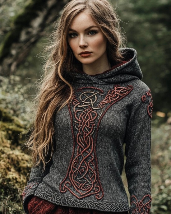 Vintage Viking Vegvisir Celtic Jacquard Cozy Hooded Sweater Vintage Viking Vegvisir Celtic Jacquard Cozy Hooded Sweater