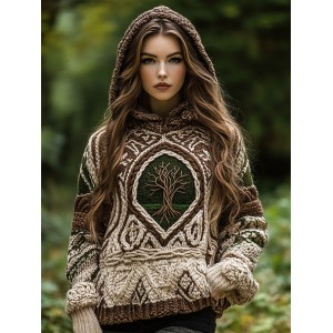 Women's Viking Style Tree Of Life Cozy Chunky Hooded Sweater