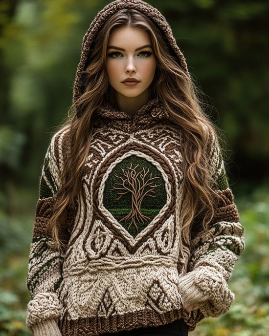 Women's Viking Style Tree Of Life Cozy Chunky Hooded Sweater