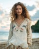 Retro Shoal Of Fish Embroidery Print Linen Blend Loose Blouse Retro Shoal Of Fish Embroidery Print Linen Blend Loose Blouse