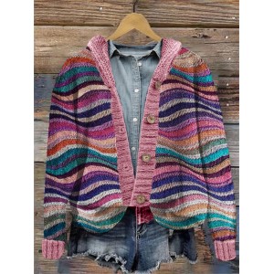 Colorful Sea Waves Knit Art Cozy Hooded Cardigan