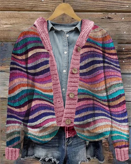Colorful Sea Waves Knit Art Cozy Hooded Cardigan