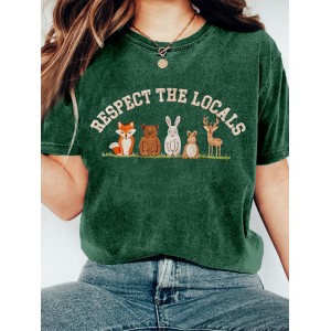 Respect The Locals Forest Animal Embroidered Washed T Shirt
