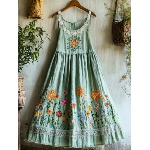 Vintage Boho Colorful Floral Lace Embroidered Art Linen Tank Dress