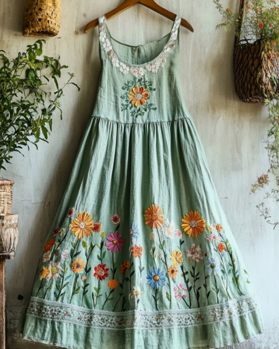 Vintage Boho Colorful Floral Lace Embroidered Art Linen Tank Dress Vintage Boho Colorful Floral Lace Embroidered Art Linen Tank Dress