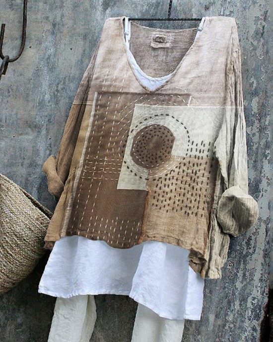 Japanese Sashiko Art Geometric Patchwork Linen Blend Tunic Japanese Sashiko Art Geometric Patchwork Linen Blend Tunic