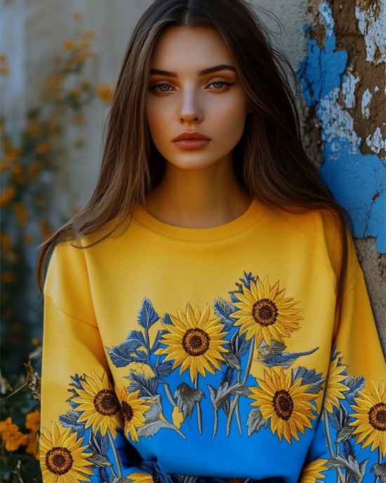 Sunflowers Embroidered Ukraine Contrast Color Sweatshirt Sunflowers Embroidered Ukraine Contrast Color Sweatshirt