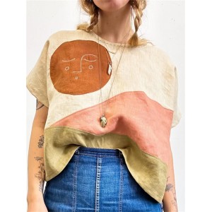 Sunrise & Bird Earthy Landscape Patchwork Linen Top