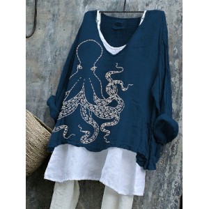 Japanese Octopus Embroidered Sashiko Linen Blend Tunic