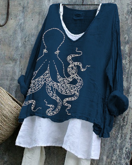 Japanese Octopus Embroidered Sashiko Linen Blend Tunic