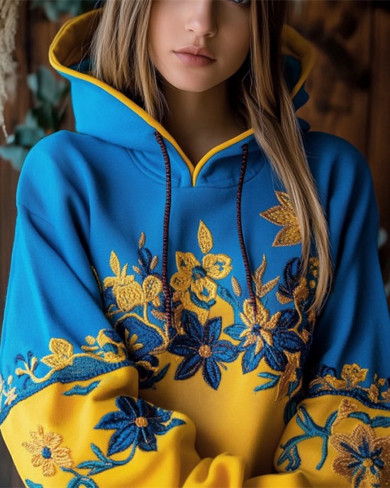 Ukraine Ethnic Floral Embroidered Contrast Color Hoodie Ukraine Ethnic Floral Embroidered Contrast Color Hoodie
