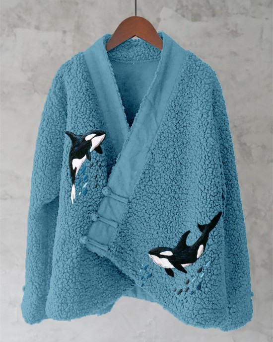 Ocean Whales Embroidery Art Fleece Kimono Cardigan