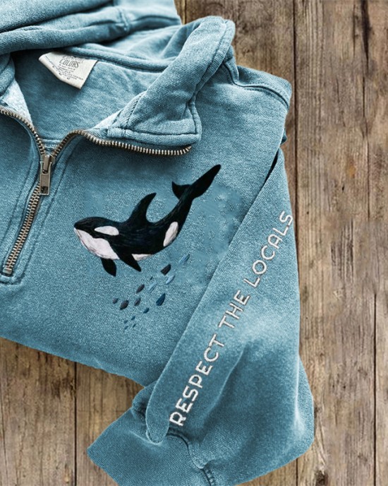 Respect The Locals Killer Whale Embroidered Zip Up Sweatshirt