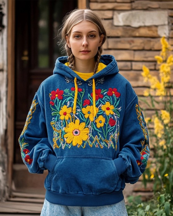 Ukrainian Floral Embroidered Vintage Cozy Hoodie
