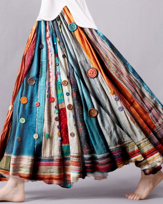Vintage Bohemian Colorful Textile Linen Skirt
