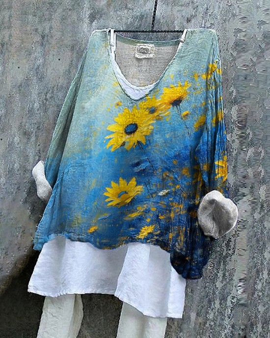 Ukrainian Flag In Floral Oil Art Stop Ukr War Print Linen Women's V-neck Shirt Ukrainian Flag In Floral Oil Art Stop Ukr War Print Linen Women's V-neck Shirt