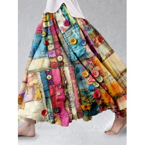 Colorful Boho Patchwork Flowy Linen Blend Wide Skirt