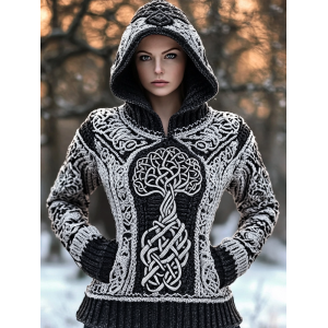 Women's Viking Tree Style Celtic Knit Warm Hooded Sweater