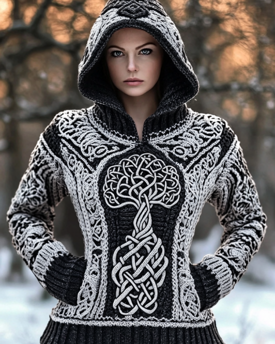 Women's Viking Tree Style Celtic Knit Warm Hooded Sweater