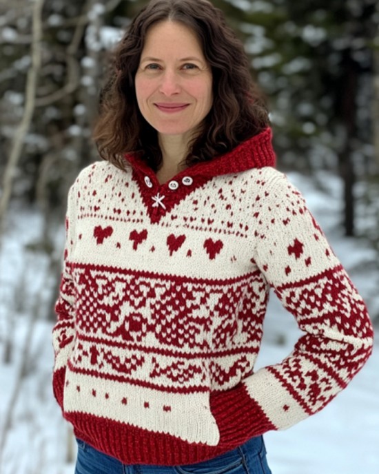 Women's Vintage Viking Valentine's Day Love Jacquard Hooded Sweater Women's Vintage Viking Valentine's Day Love Jacquard Hooded Sweater