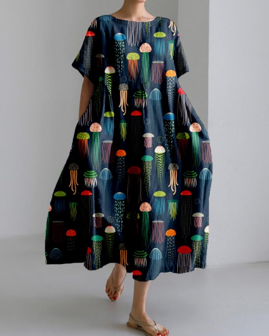 Colorful Jellyfish Art Pattern Linen Blend Maxi Dress Colorful Jellyfish Art Pattern Linen Blend Maxi Dress