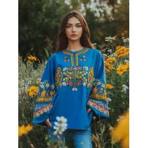 Vintage Ukrainian Folk Floral Embroidery Linen Shirt