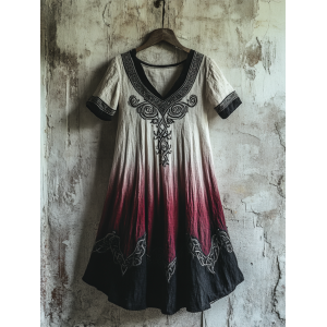 Bohemian Viking Tribal Celtic Knot Gradient Embroidery Art Linen Round Neck Midi Dress