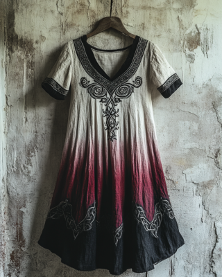 Bohemian Viking Tribal Celtic Knot Gradient Embroidery Art Linen Round Neck Midi Dress