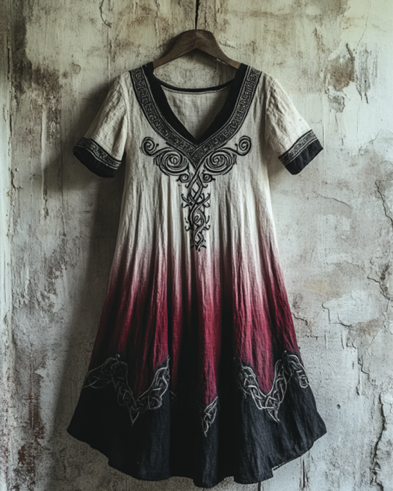 Bohemian Viking Tribal Celtic Knot Gradient Embroidery Art Linen Round Neck Midi Dress Bohemian Viking Tribal Celtic Knot Gradient Embroidery Art Linen Round Neck Midi Dress