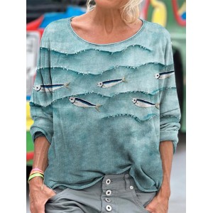 Fish & Sea Waves Sequin Embroidered T Shirt