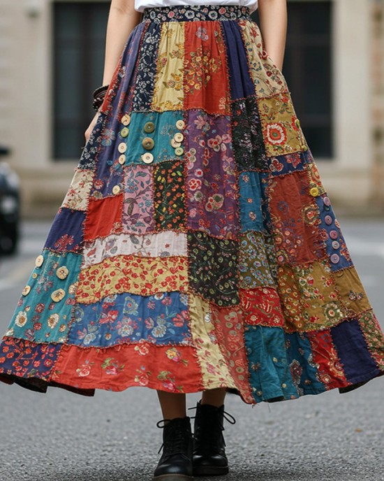 Bohemian Style Colorful Patchwork Ethnic Print Skirt Bohemian Style Colorful Patchwork Ethnic Print Skirt