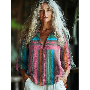 Bohemian Geometric Color Block Patchwork Sleeveless Colorful Art Print Long Sleeve Shirt