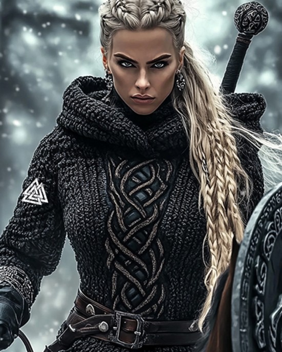 Women's Viking Warrior Jacquard Celtic Knit Hoodie Women's Viking Warrior Jacquard Celtic Knit Hoodie