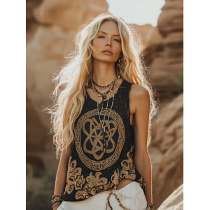 Women's Viking Tribal  Ethnic With Celtic Knot Pattern Art Linen  Sleeveless Top