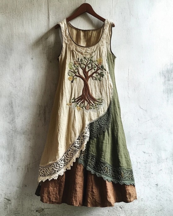 Vintage Viking Tree Of Life Embroidered Flowy Linen Dress Vintage Viking Tree Of Life Embroidered Flowy Linen Dress