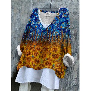 Ukrainian Sunflower Print Linen Women's V-neck Shirt