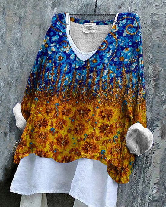 Ukrainian Sunflower Print Linen Women's V-neck Shirt Ukrainian Sunflower Print Linen Women's V-neck Shirt