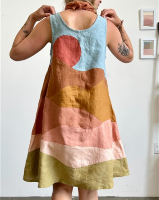 Sunny Earthy Landscape Colorblock Patchwork Linen Tank Dress