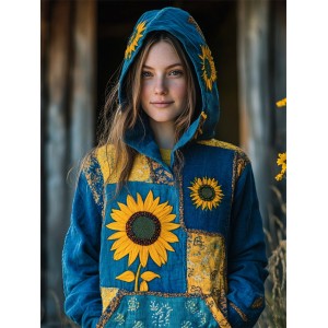 Ukraine Ethnic Sunflowers Embroidered Patchwork Hoodie