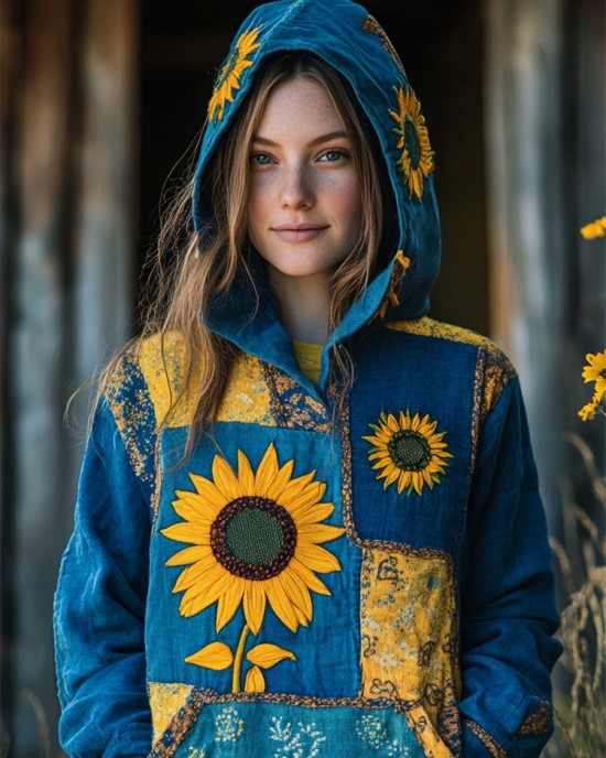 Ukraine Ethnic Sunflowers Embroidered Patchwork Hoodie Ukraine Ethnic Sunflowers Embroidered Patchwork Hoodie
