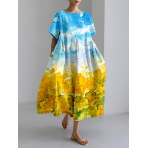 Ukrainian Abstract Sunflowers Art Linen Blend Maxi Dress