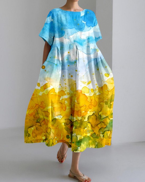Ukrainian Abstract Sunflowers Art Linen Blend Maxi Dress Ukrainian Abstract Sunflowers Art Linen Blend Maxi Dress