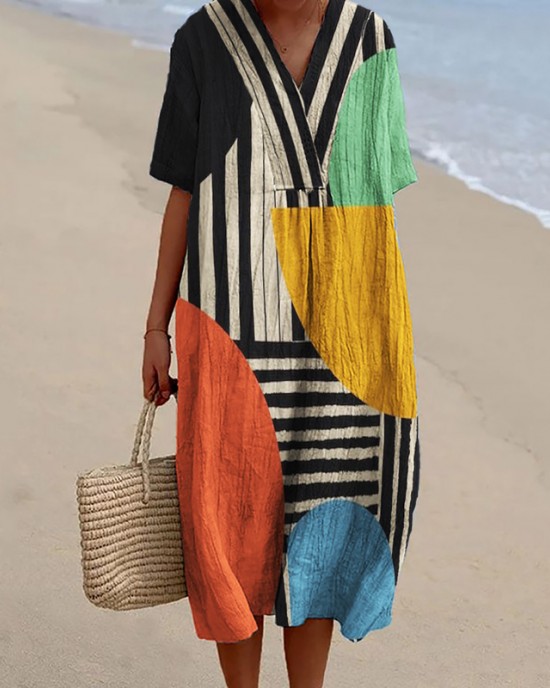 Colorblock Geometric Art Striped Flowy Linen Blend Dress