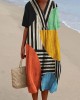 Colorblock Geometric Art Striped Flowy Linen Blend Dress